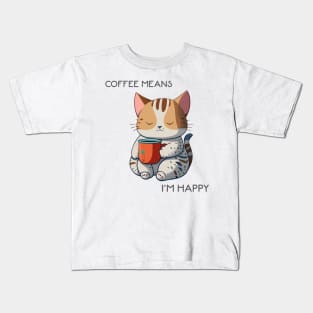 Sleepy Cat Holding a Mug  Happy - Coffee Cat Kids T-Shirt